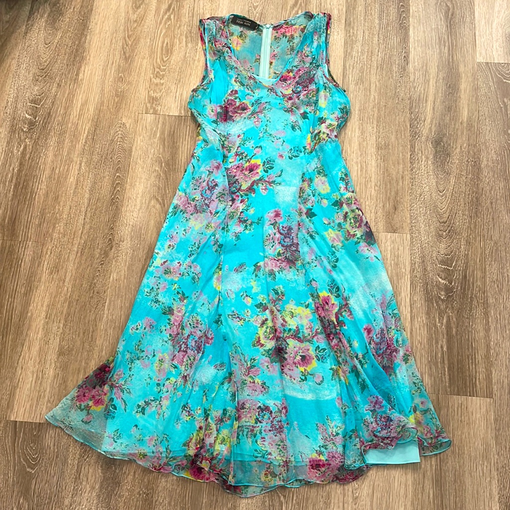 Rickie Freeman Teri Jon Sleeveless Sheer Overlay Floral Print Blue Dress Sz 6